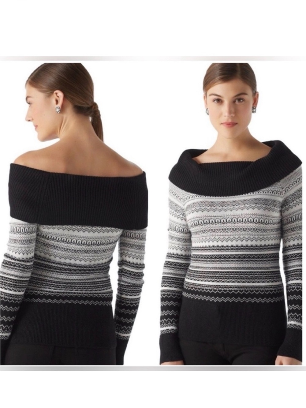 White House Black Market NWOT Shimmer Black & White Patterned Cowl Sweater!